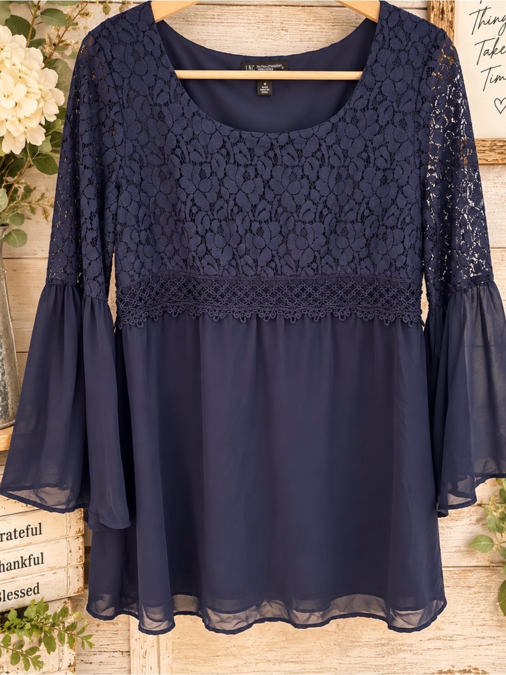 As U Wish Navy Lace Bell Sleeve Tunic Blouse